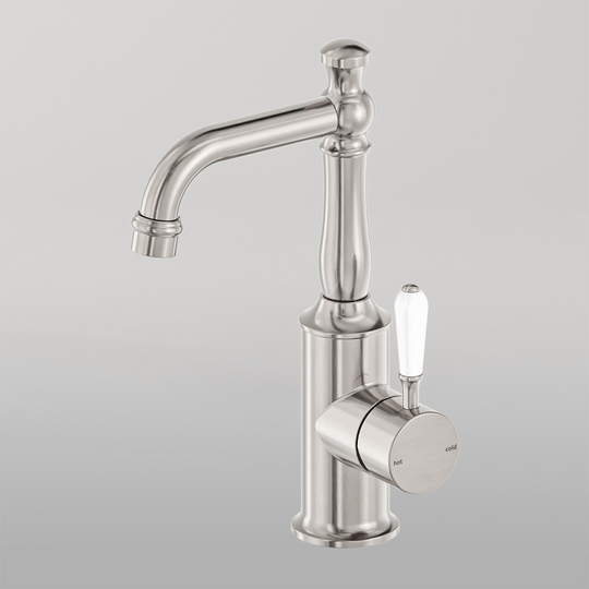 Nero York Basin Mixer With White Porcelain Lever Brushed Nickel