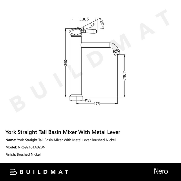 Nero York Straight Tall Basin Mixer With Metal Lever Brushed Nickel