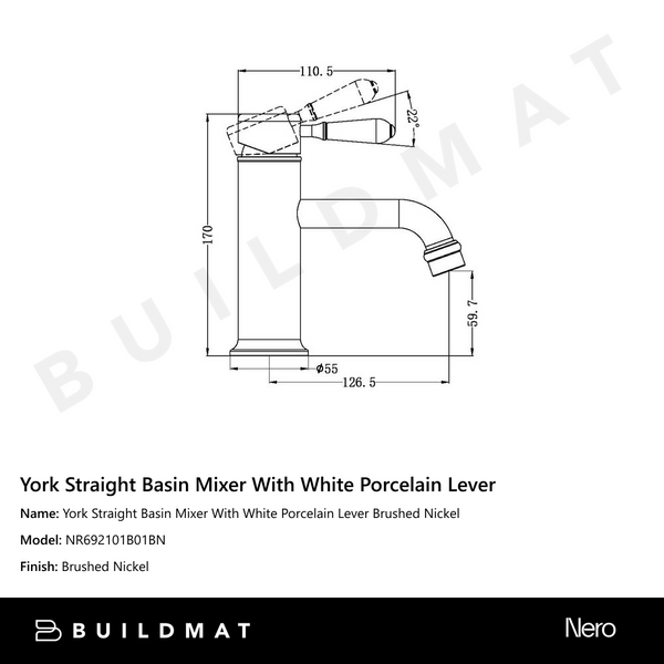 Nero York Straight Basin Mixer With White Porcelain Lever Brushed Nickel