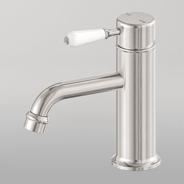 Nero York Straight Basin Mixer With White Porcelain Lever Brushed Nickel