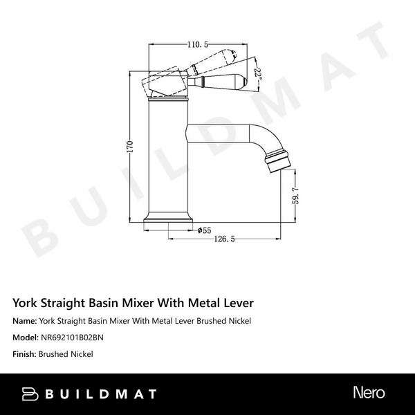 Nero York Straight Basin Mixer With Metal Lever Brushed Nickel