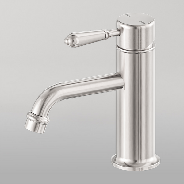 Nero York Straight Basin Mixer With Metal Lever Brushed Nickel