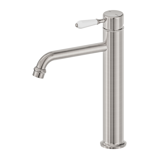 Nero York Straight Tall Basin Mixer With White Porcelain Lever Brushed Nickel