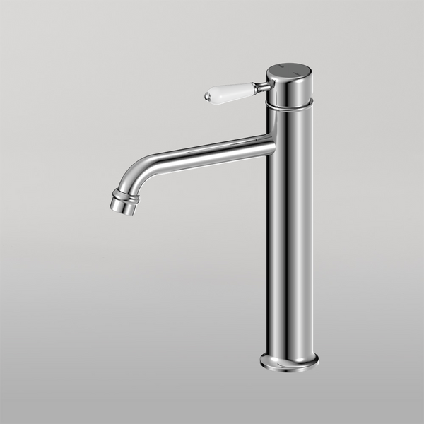 Nero York Straight Tall Basin Mixer With White Porcelain Lever Chrome