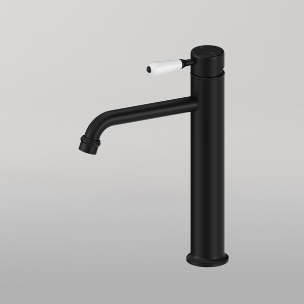 Nero York Straight Tall Basin Mixer With White Porcelain Lever Matte Black