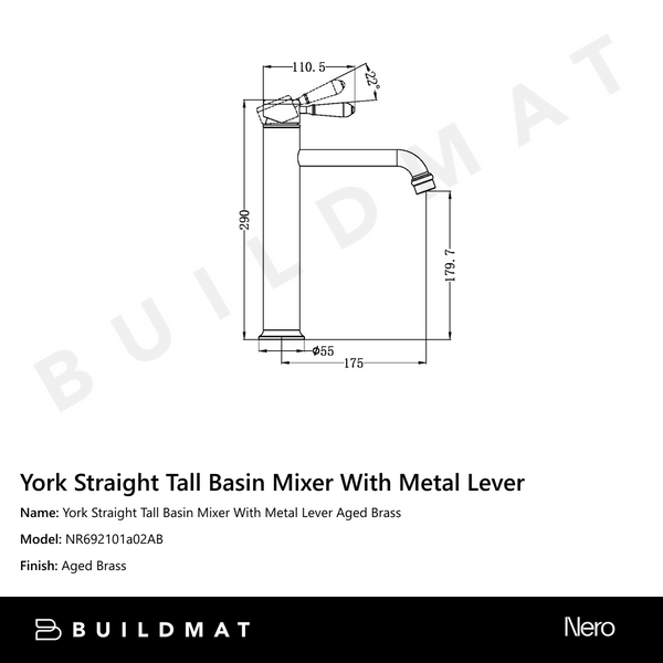 Nero York Straight Tall Basin Mixer With Metal Lever Aged Brass