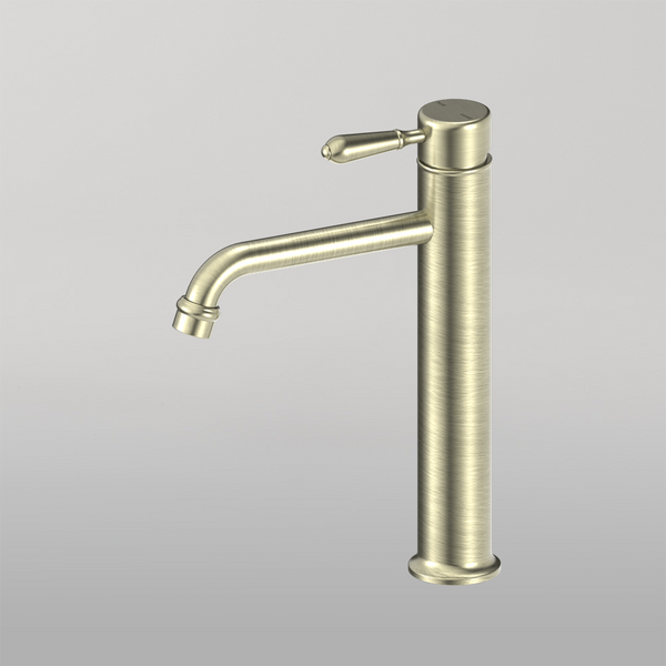 Nero York Straight Tall Basin Mixer With Metal Lever Aged Brass
