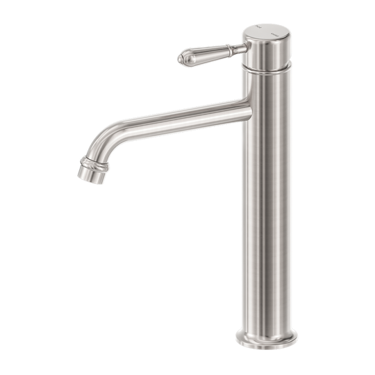 Nero York Straight Tall Basin Mixer With Metal Lever Brushed Nickel