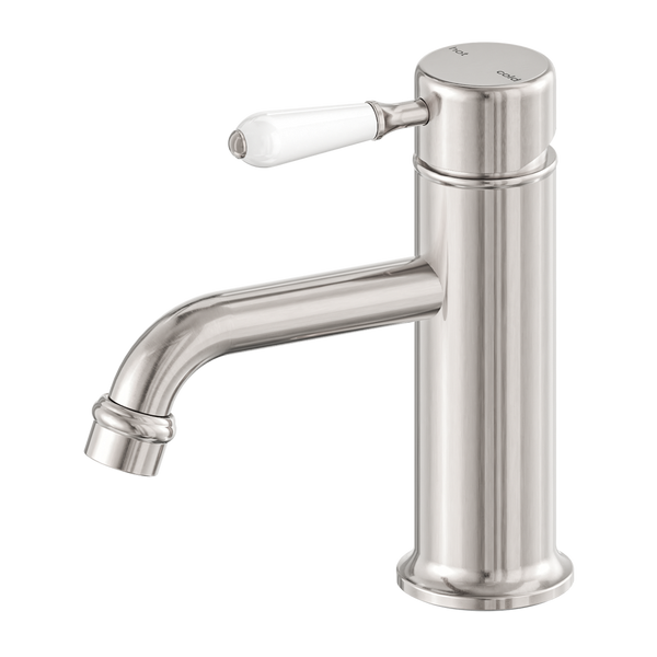 Nero York Straight Basin Mixer With White Porcelain Lever Brushed Nickel
