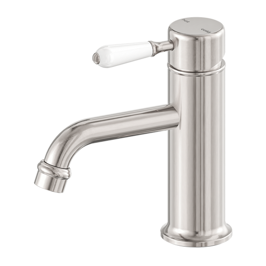 Nero York Straight Basin Mixer With White Porcelain Lever Brushed Nickel
