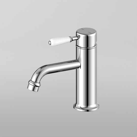 Nero York Straight Basin Mixer With White Porcelain Lever Chrome