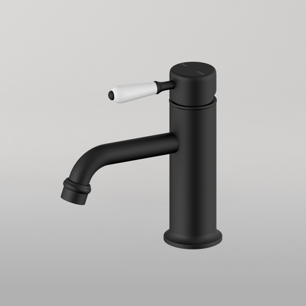 Nero York Straight Basin Mixer With White Porcelain Lever Matte Black