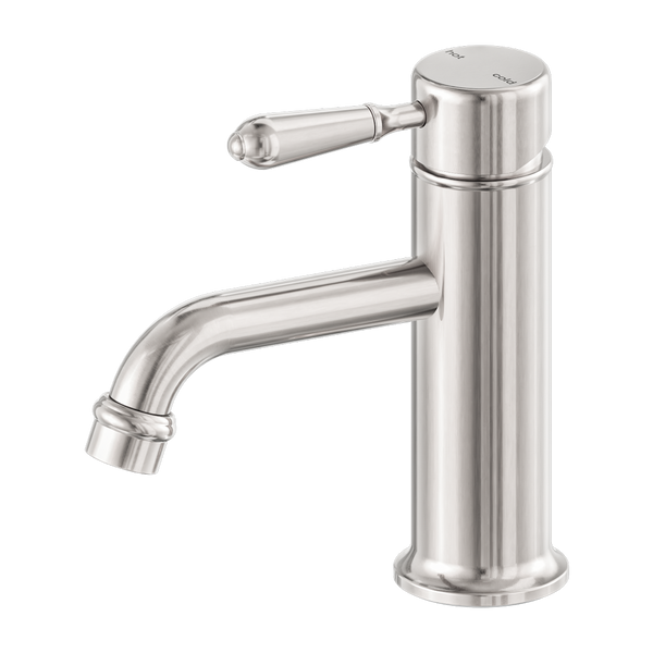 Nero York Straight Basin Mixer With Metal Lever Brushed Nickel
