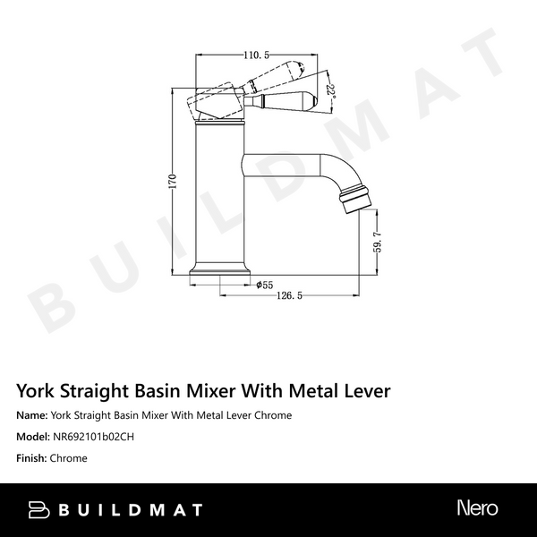 Nero York Straight Basin Mixer With Metal Lever Chrome