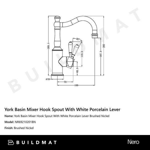 Nero York Basin Mixer Hook Spout With White Porcelain Lever Brushed Nickel