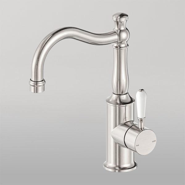 Nero York Basin Mixer Hook Spout With White Porcelain Lever Brushed Nickel