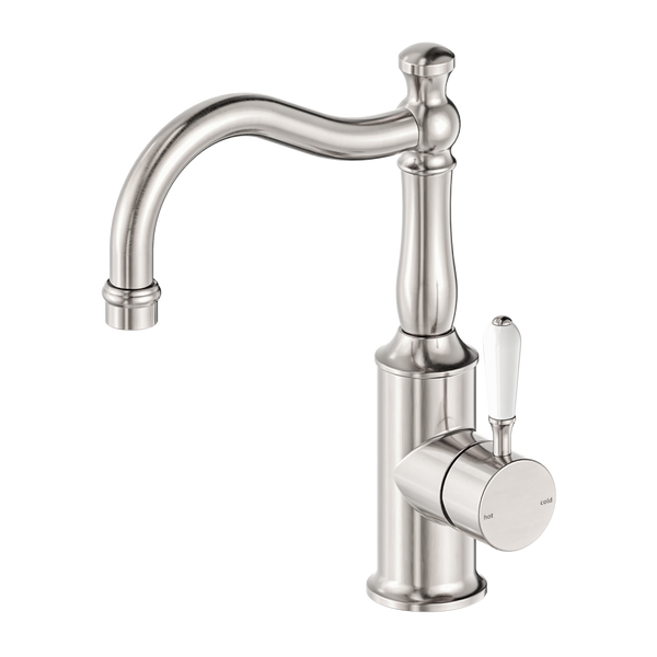 Nero York Basin Mixer Hook Spout With White Porcelain Lever Brushed Nickel