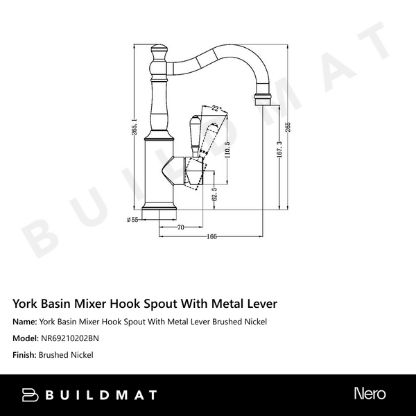 Nero York Basin Mixer Hook Spout With Metal Lever Brushed Nickel