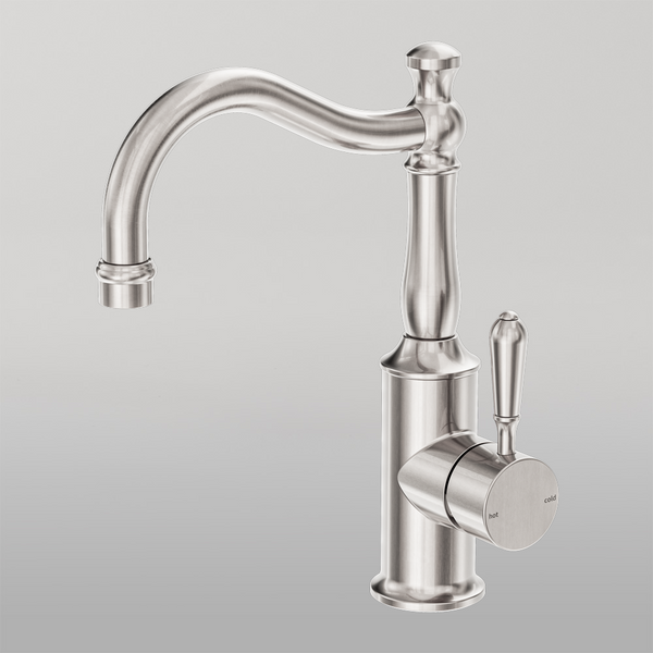 Nero York Basin Mixer Hook Spout With Metal Lever Brushed Nickel