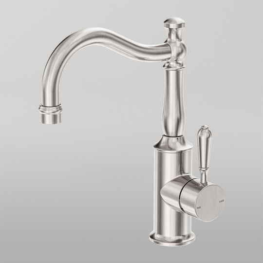 Nero York Basin Mixer Hook Spout With Metal Lever Brushed Nickel