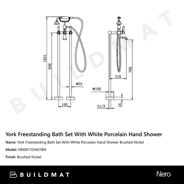 Nero York Freestanding Bath Set With White Porcelain Hand Shower Brushed Nickel