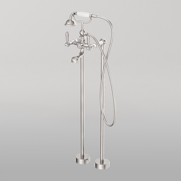 Nero York Freestanding Bath Set With White Porcelain Hand Shower Brushed Nickel