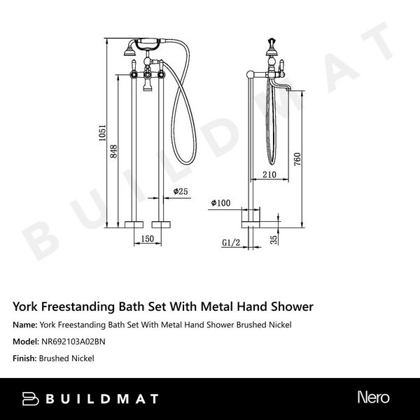 Nero York Freestanding Bath Set With Metal Hand Shower Brushed Nickel