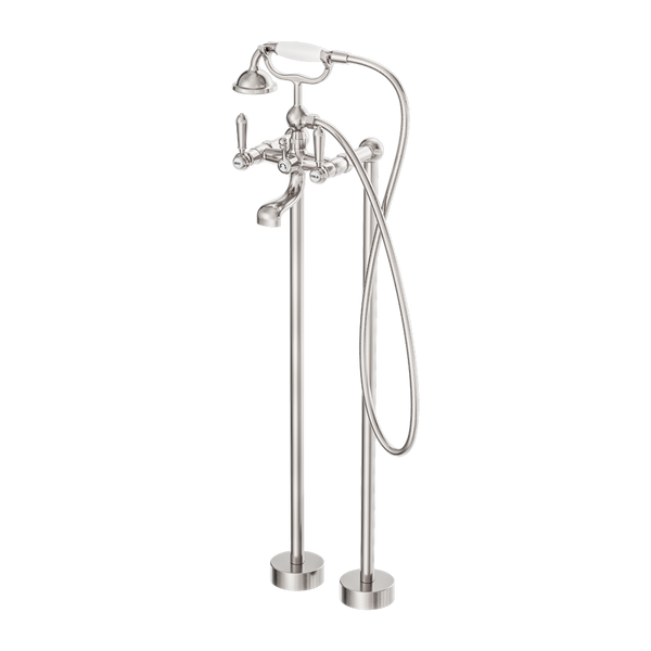 Nero York Freestanding Bath Set With White Porcelain Hand Shower Brushed Nickel