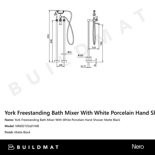 Nero York Freestanding Bath Mixer With White Porcelain Hand Shower Matte Black