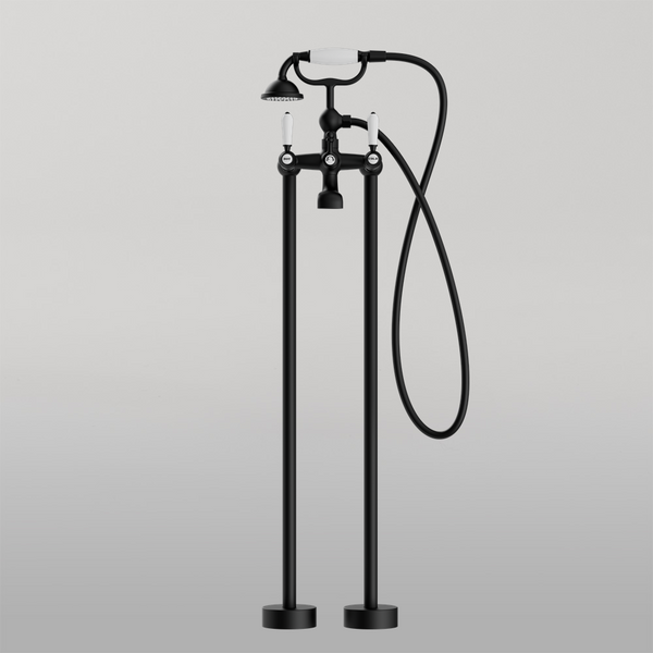 Nero York Freestanding Bath Mixer With White Porcelain Hand Shower Matte Black