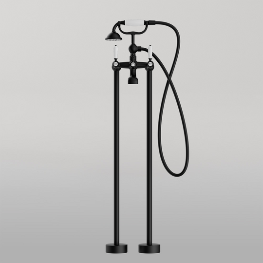 Nero York Freestanding Bath Mixer With White Porcelain Hand Shower Matte Black