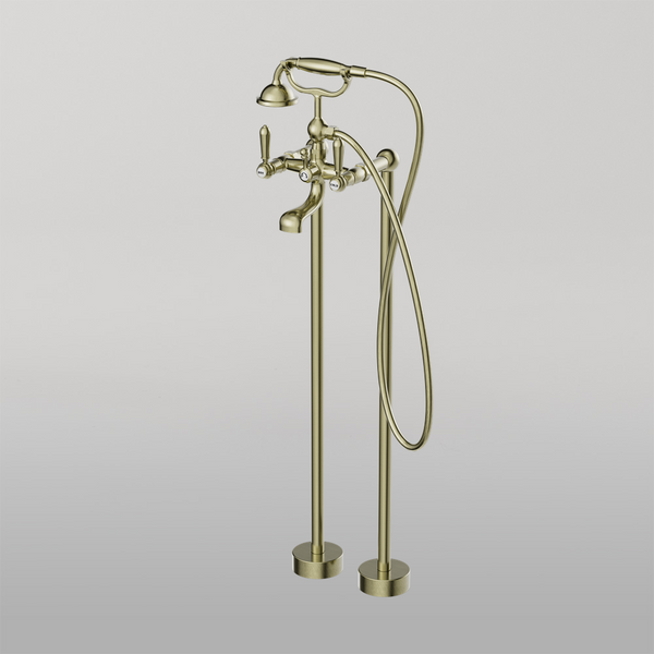Nero York Freestanding Bath Mixer With Metal Hand Shower Aged Brass