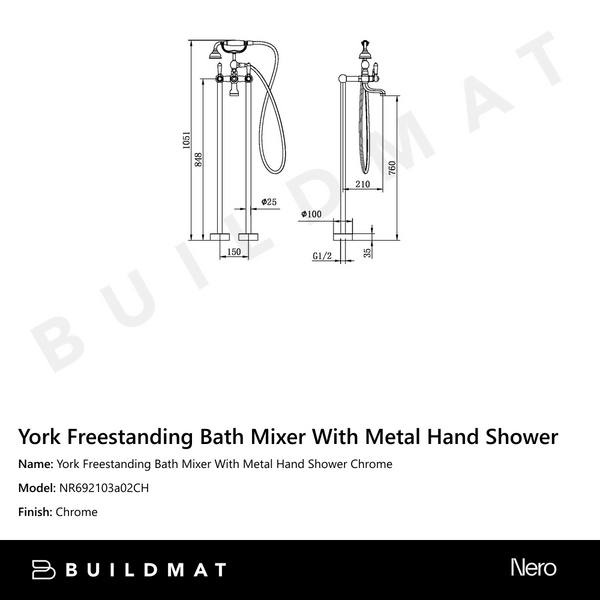 Nero York Freestanding Bath Mixer With Metal Hand Shower Chrome