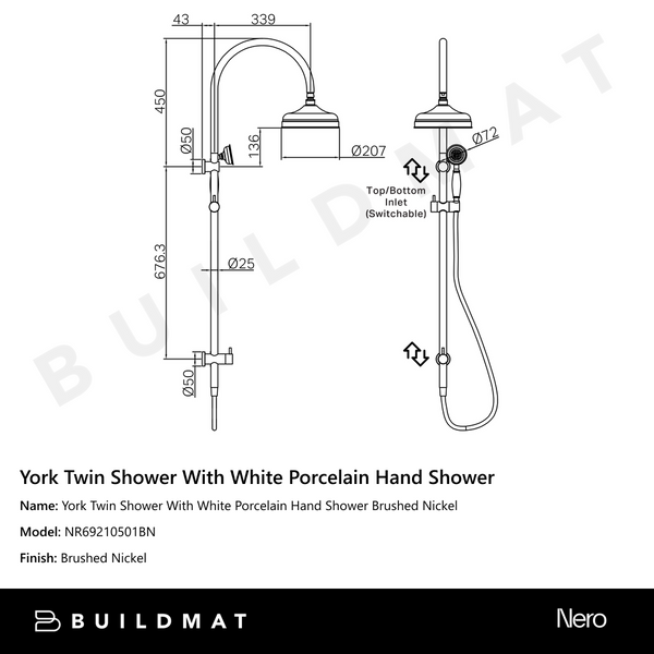Nero York Twin Shower With White Porcelain Hand Shower Brushed Nickel