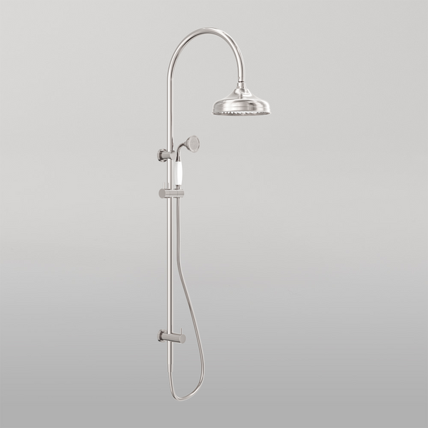 Nero York Twin Shower With White Porcelain Hand Shower Brushed Nickel