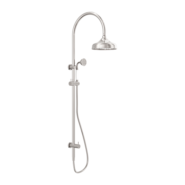 Nero York Twin Shower With White Porcelain Hand Shower Brushed Nickel