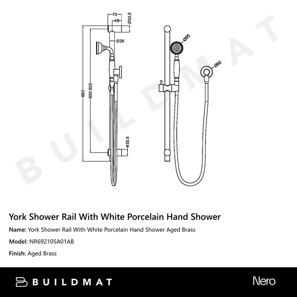 Nero York Shower Rail With White Porcelain Hand Shower Aged Brass