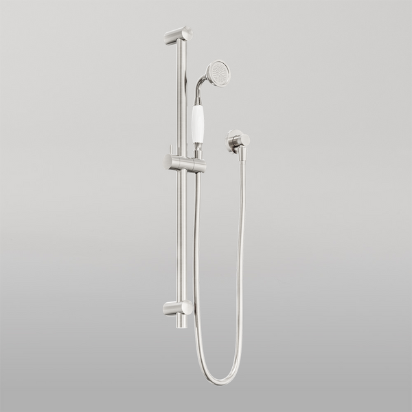 Nero York Shower Rail With White Porcelain Hand Shower Brushed Nickel