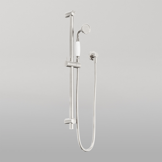 Nero York Shower Rail With White Porcelain Hand Shower Brushed Nickel