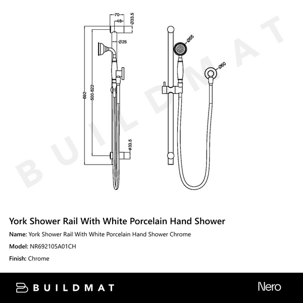 Nero York Shower Rail With White Porcelain Hand Shower Chrome