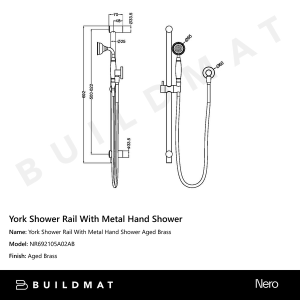 Nero York Shower Rail With Metal Hand Shower Aged Brass