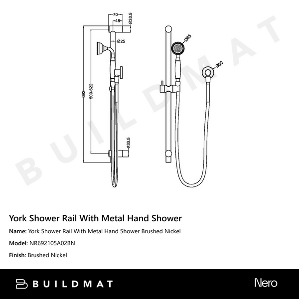 Nero York Shower Rail With Metal Hand Shower Brushed Nickel