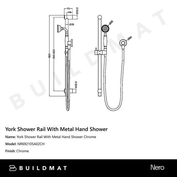 Nero York Shower Rail With Metal Hand Shower Chrome