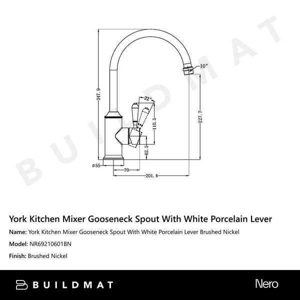 Nero York Kitchen Mixer Gooseneck Spout With White Porcelain Lever Brushed Nickel