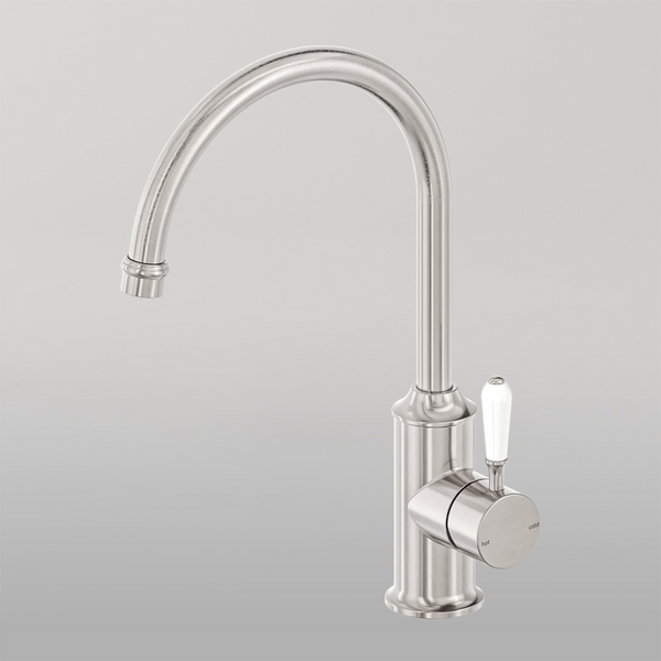 Nero York Kitchen Mixer Gooseneck Spout With White Porcelain Lever Brushed Nickel