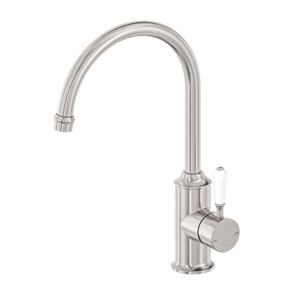 Nero York Kitchen Mixer Gooseneck Spout With White Porcelain Lever Brushed Nickel