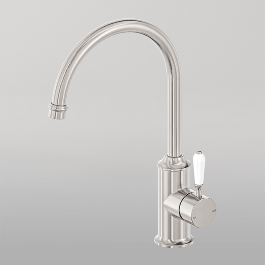 Nero York Kitchen Mixer Gooseneck Spout With White Porcelain Lever Brushed Nickel