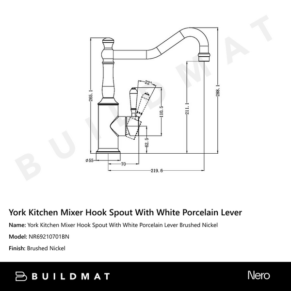 Nero York Kitchen Mixer Hook Spout With White Porcelain Lever Brushed Nickel