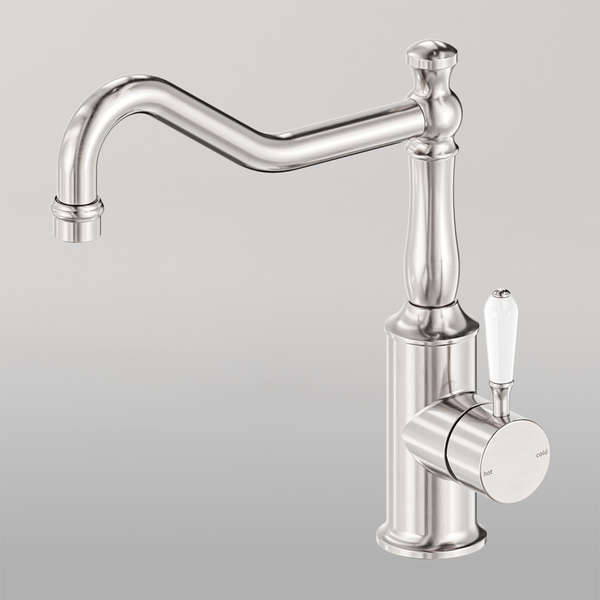 Nero York Kitchen Mixer Hook Spout With White Porcelain Lever Brushed Nickel