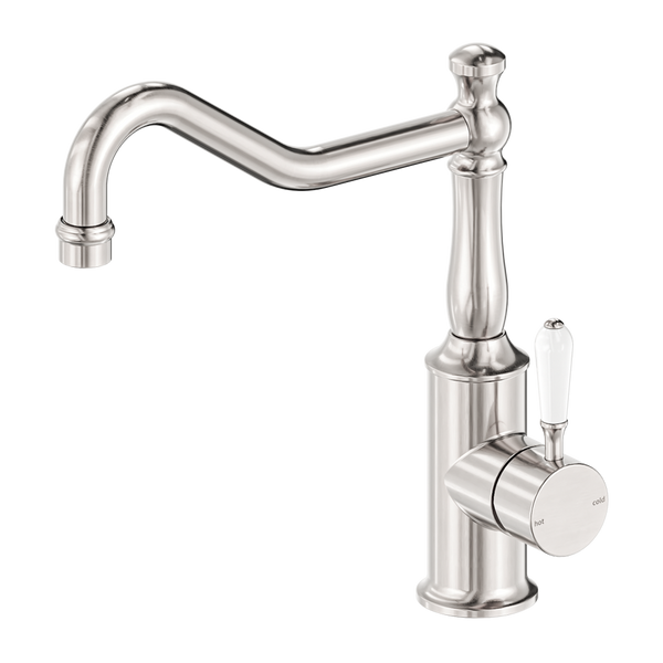 Nero York Kitchen Mixer Hook Spout With White Porcelain Lever Brushed Nickel